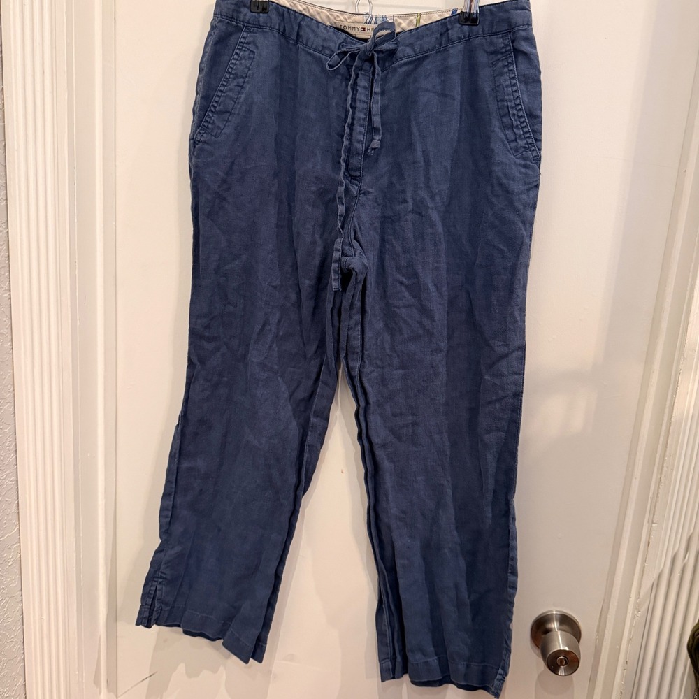 Tommy Hilfiger Linen Drawstring Capri Pants 6 Navy Coastal Boho Vintage
